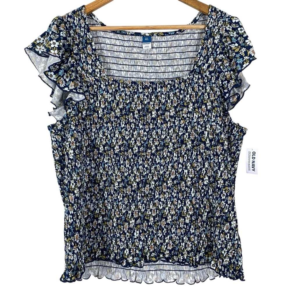 Old Navy Womens Top Size XXL Tall Peasant Ruffle Sleeve Square Neck Smocked